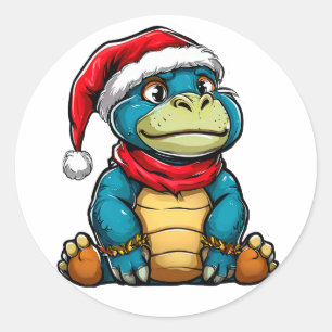 Adesivo Redondo Dinossauro de desenho animado de Natal Dinossauro