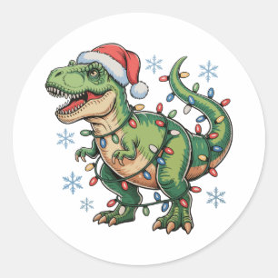 Adesivo Redondo Dinossauro de Natal T Rex Luzes Feliz Natal Papai 