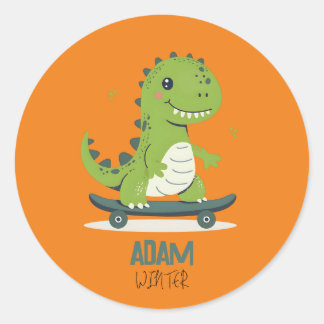 Adesivo Redondo Dinossauro De Skate Divertido Com Nome De Criança