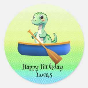 Adesivo Redondo Dinossauro engraçado Kayak Festa de aniversário à 