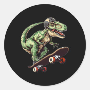 Adesivo Redondo Dinossauro Engraçado T Rex Em Skate Skateboard K