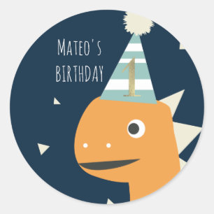 Adesivo Redondo Dinossauro Gato Um Primeiro Aniversário Faux Doura