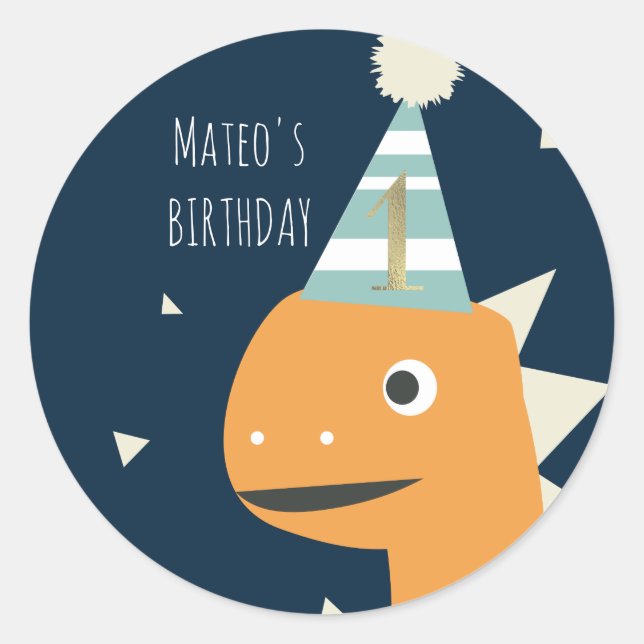 Adesivo Redondo Dinossauro Gato Um Primeiro Aniversário Faux Doura (Frente)