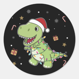 Adesivo Redondo Dinossauro Natal Neve Inverno T-Rex Dino Clássico