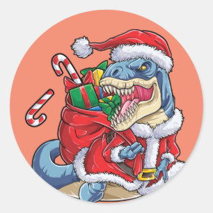 Adesivo Redondo Dinossauro Natal Papai Noel T rex Homens