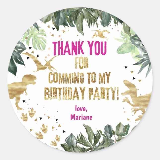 Adesivo Redondo Dinossauro Obrigado A Favor Da Rapariga T-rex (Frente)