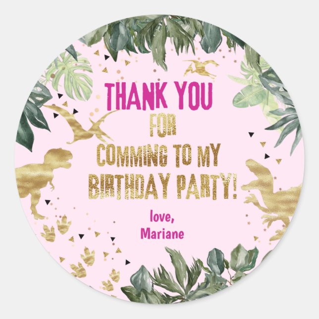 Adesivo Redondo Dinossauro Obrigado A Favor Da Rapariga T-rex (Frente)