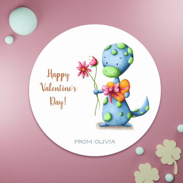 Adesivo Redondo Dinossauro para Sala de Aula do Dia dos Namorados  (Happy Valentines Day Classroom Dinosaur Classic Round Sticker)