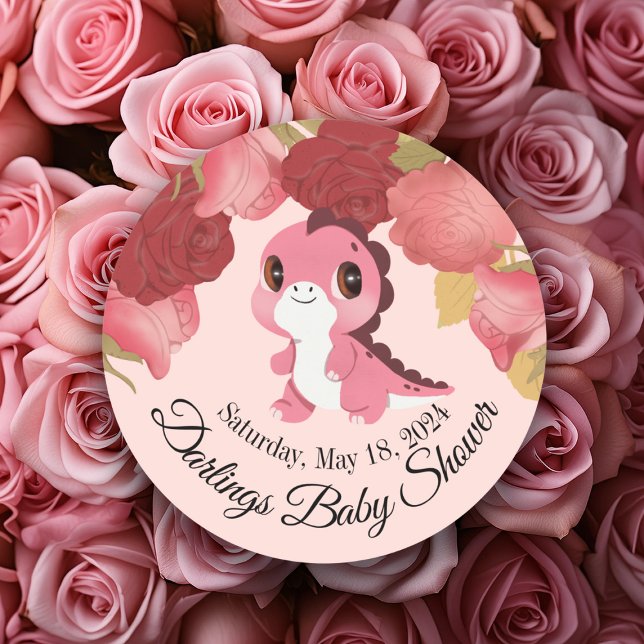 Adesivo Redondo Dinossauro rosa e Rosa (baby shower pink dinosaur sticker on top of pink roses)
