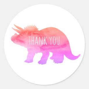 Adesivo Redondo Dinossauro Rosa Triceratops Obrigado