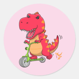 Adesivo Redondo Dinossauro T-rex Andando Um Patinete