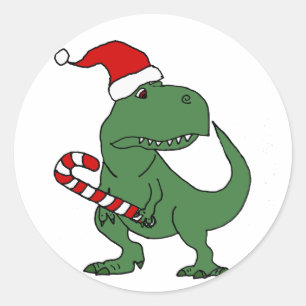 Adesivo Redondo Dinossauro T-rex bonito em Santa Hat Arte de Natal