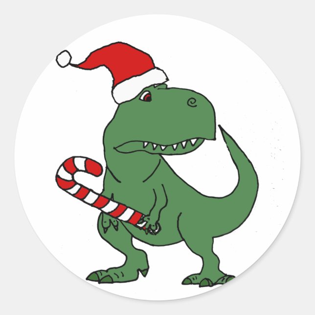 Adesivo Redondo Dinossauro T-rex bonito em Santa Hat Arte de Natal (Frente)