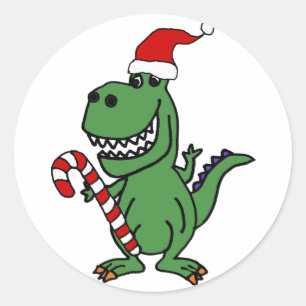 Adesivo Redondo Dinossauro T-rex bonito em Santa Hat com canas doc