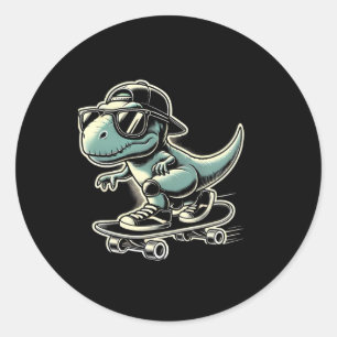Adesivo Redondo Dinossauro T Rex Skate fazendo graça Skate Retro 