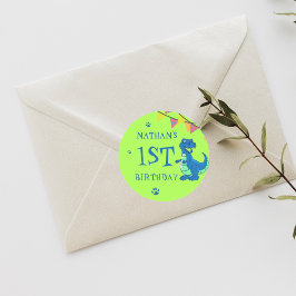 Adesivo Redondo Dinossauro Verde Azul, Bonito, Era Festa de aniver