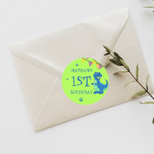 Adesivo Redondo Dinossauro Verde Azul, Bonito, Era Festa de aniver