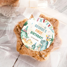 Adesivo Redondo Dinossauros Cons Primeira Festa de aniversário