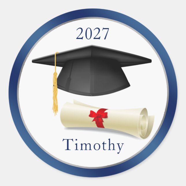 Adesivo Redondo Diploma de Preto Mortar Seu Nome Vinheta de Gradua (Frente)