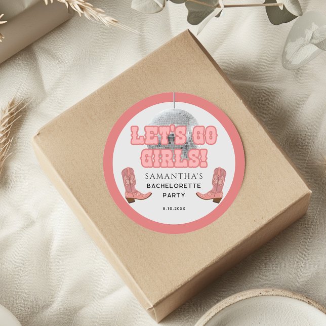 Adesivo Redondo Disco Cowgirl deixa garotas irem Festa de solteira (Retro Lets Go Girls Bachelorette Classic Round Stickers)