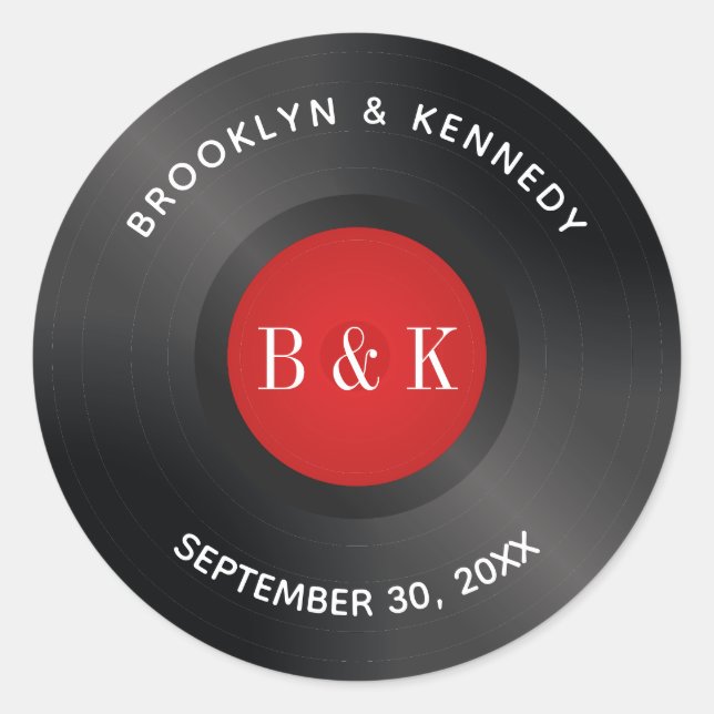 Adesivo Redondo Disco de Vinil com Monograma Preto e Vermelho de R (Frente)