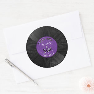 Adesivo Redondo Disco de Vinil Retro Rock N Roll Roxo Aniversário