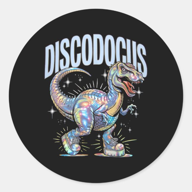 Adesivo Redondo Disco Dinossaur Diplodocus 70s Dino Dancing Funny  (Frente)