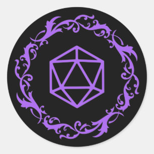 Adesivo Redondo Dispositivo D20 mágico roxo de Tabletop RPG