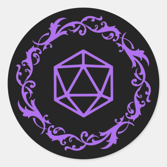 Adesivo Redondo Dispositivo D20 mágico roxo de Tabletop RPG (Frente)
