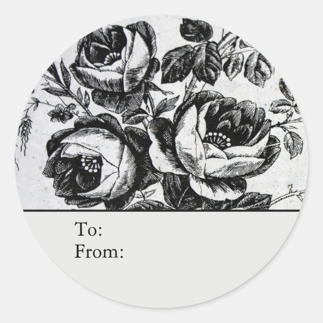 Adesivo Redondo Distressed B&W Roses Personalized To & From (Frente)