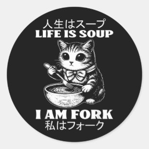 Adesivo Redondo Dito engraçado A vida é sopa garfo Gato Humor Meme