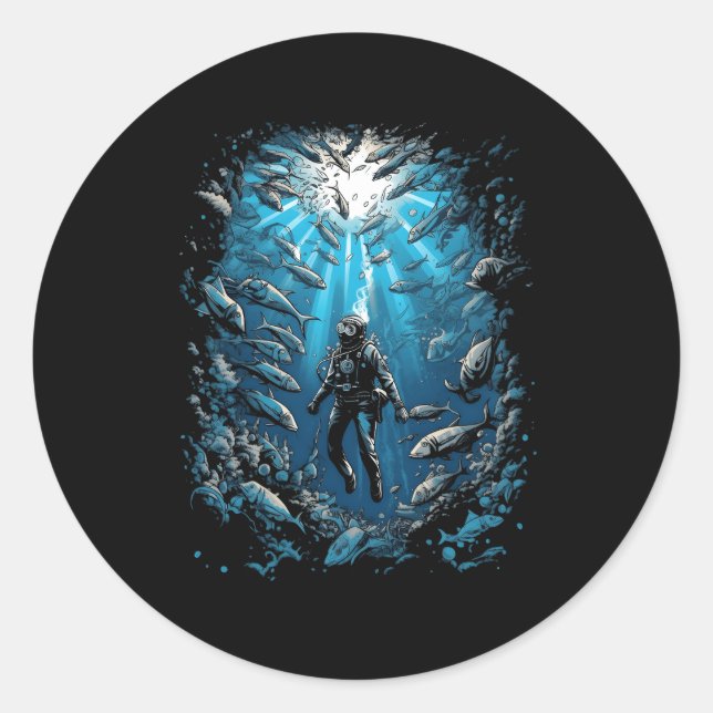 Adesivo Redondo Diver Shark Scuba Merging Ocean Underwa (Frente)