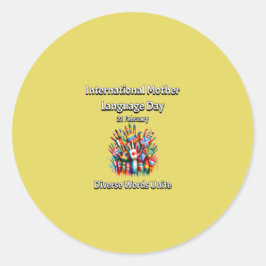 Adesivo Redondo Diversas Palavras Se Unem. Dia da Língua Mãe.
