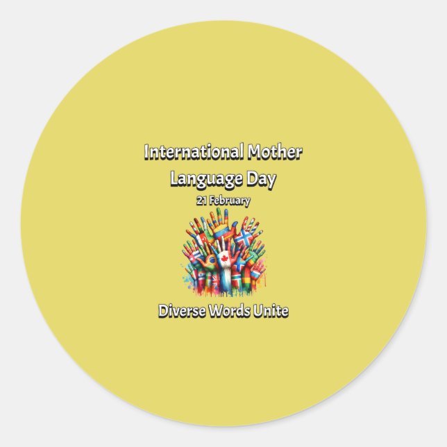 Adesivo Redondo Diversas Palavras Se Unem. Dia da Língua Mãe. (Frente)