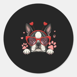 Adesivo Redondo Divertido Boston Terrier Coração Cabeça Dia dos Na