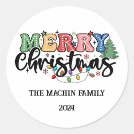 Adesivo Redondo Divertido, colorido Feliz Natal Família Personaliz