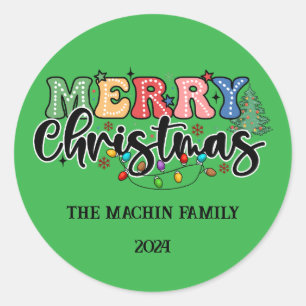 Adesivo Redondo Divertido, colorido Feliz Natal Família Personaliz