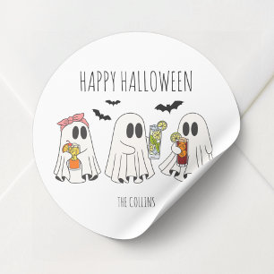 Adesivo Redondo Divertido Fantasma Retro e Coquetéis Feliz Hallowe