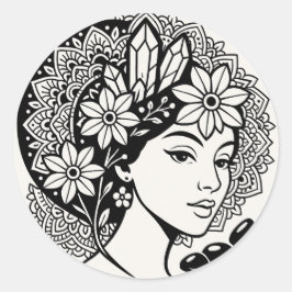 Adesivo Redondo Divina Feminina Mandala Art Floral Crystal Deusa