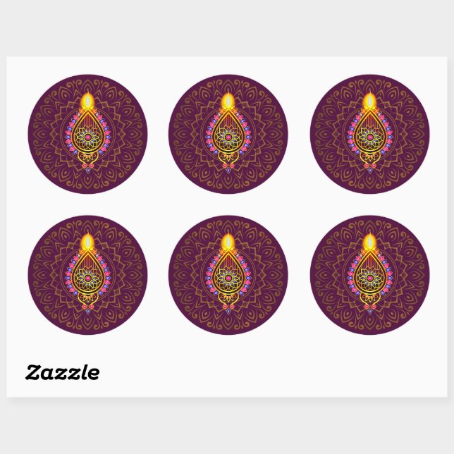 Adesivo Redondo Diwali Jeweled Diya Candle Design Mandala Purple (Folha)