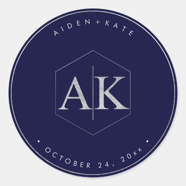 Adesivo Redondo DIY Faux Silver Monograma (Frente)