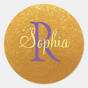 Adesivo Redondo DIY Name & Monogramas, Dourada Glitter, Amarelo