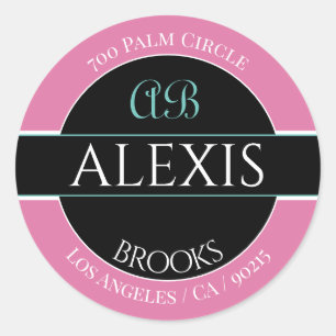 Adesivo Redondo DIY Nome Endereço Monograma, Preto e Branco Rosa