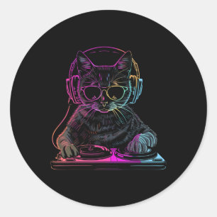 Adesivo Redondo Dj Cat Edm Techno House Música Engraçada Cat Lover