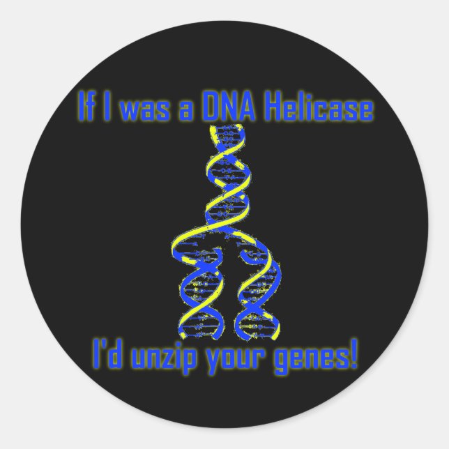 Adesivo Redondo DNA Helicase Unzips Genes! (Frente)