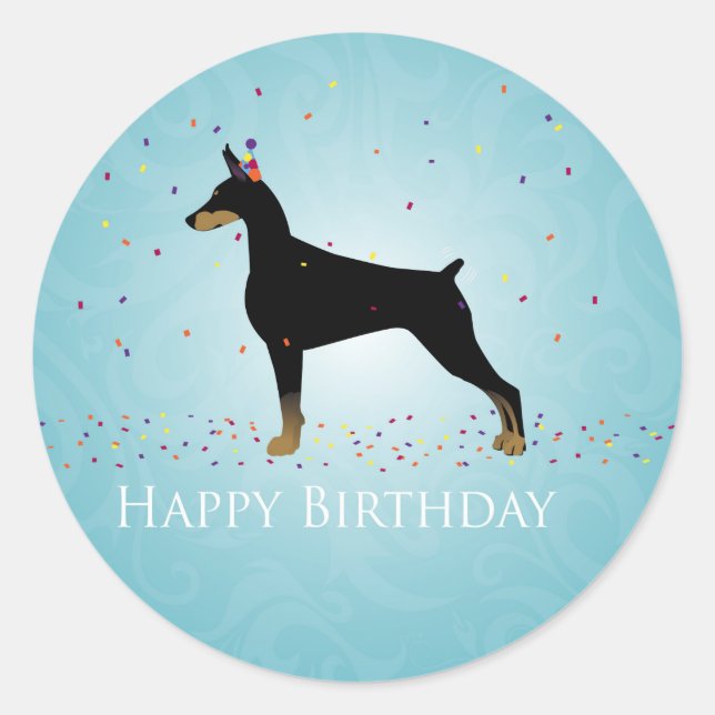 Adesivo Redondo Doberman Pinscher Happy Birthday Design (Frente)