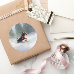 Adesivo Redondo Doberman Pinscher Inverno de Natal