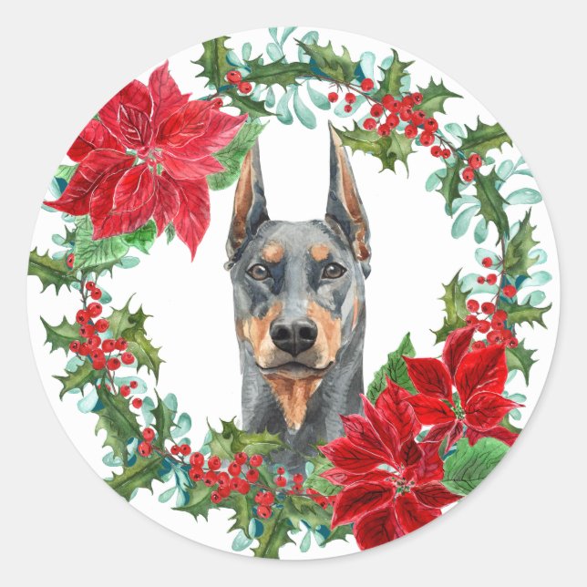 Adesivo Redondo Doberman Pinscher Poinsettia Holly Holiday (Frente)