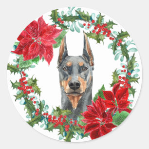 Adesivo Redondo Doberman Pinscher Poinsettia Holly Holiday Wreath