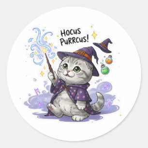 Adesivo Redondo Dobra de Hocus Purrcus - Folha de Gato Escocês